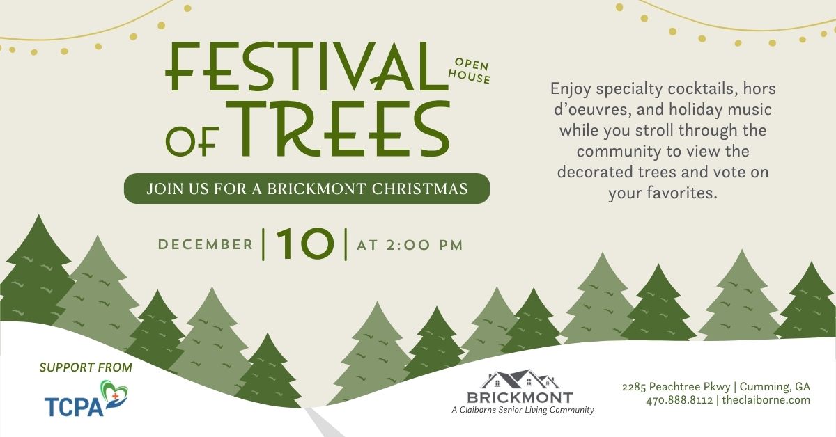Festival of Trees event flyer with trees, event details, and Brickmont Senior Living logo.