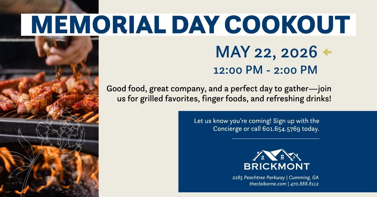 Person grilling skewers of meat; text advertises a Memorial Day cookout on May 22, 2026, at Brickmont.