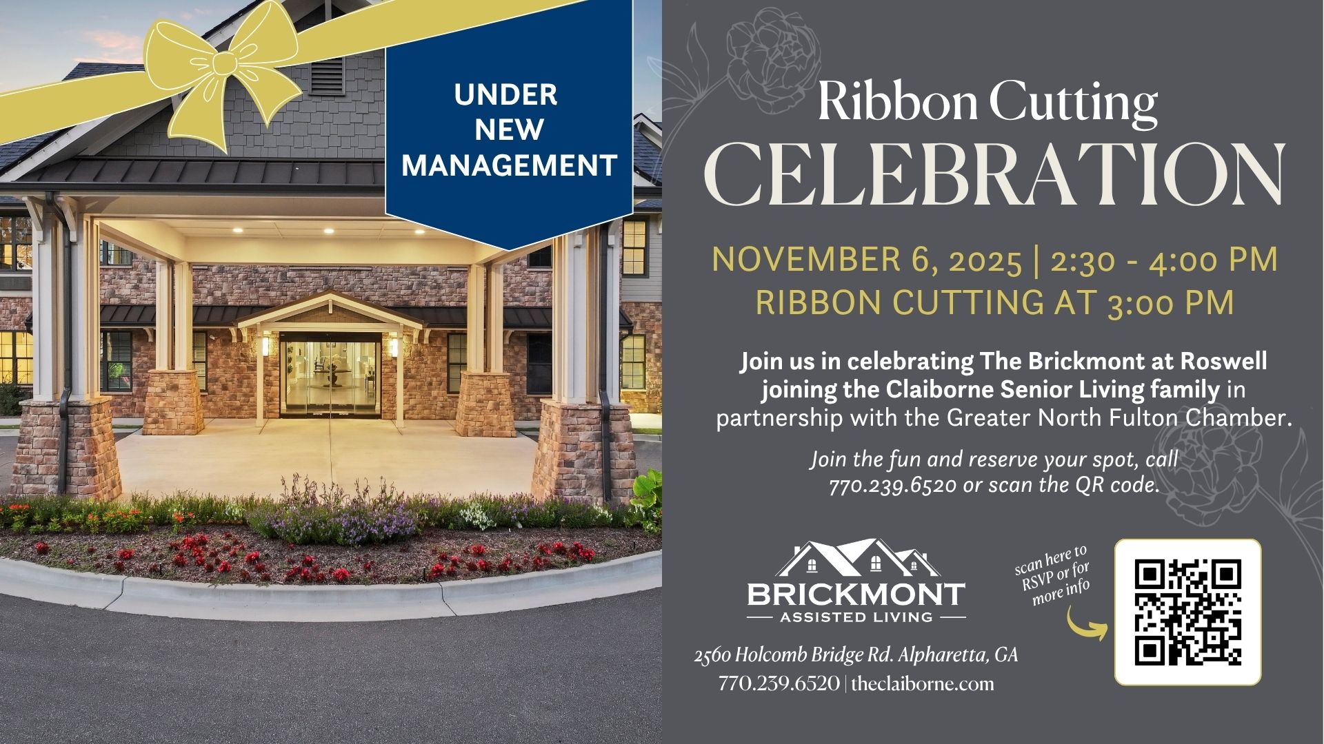 Invitation for a ribbon cutting at Brickmont Assisted Living, Roswell, on November 6, 2025, under new management.
