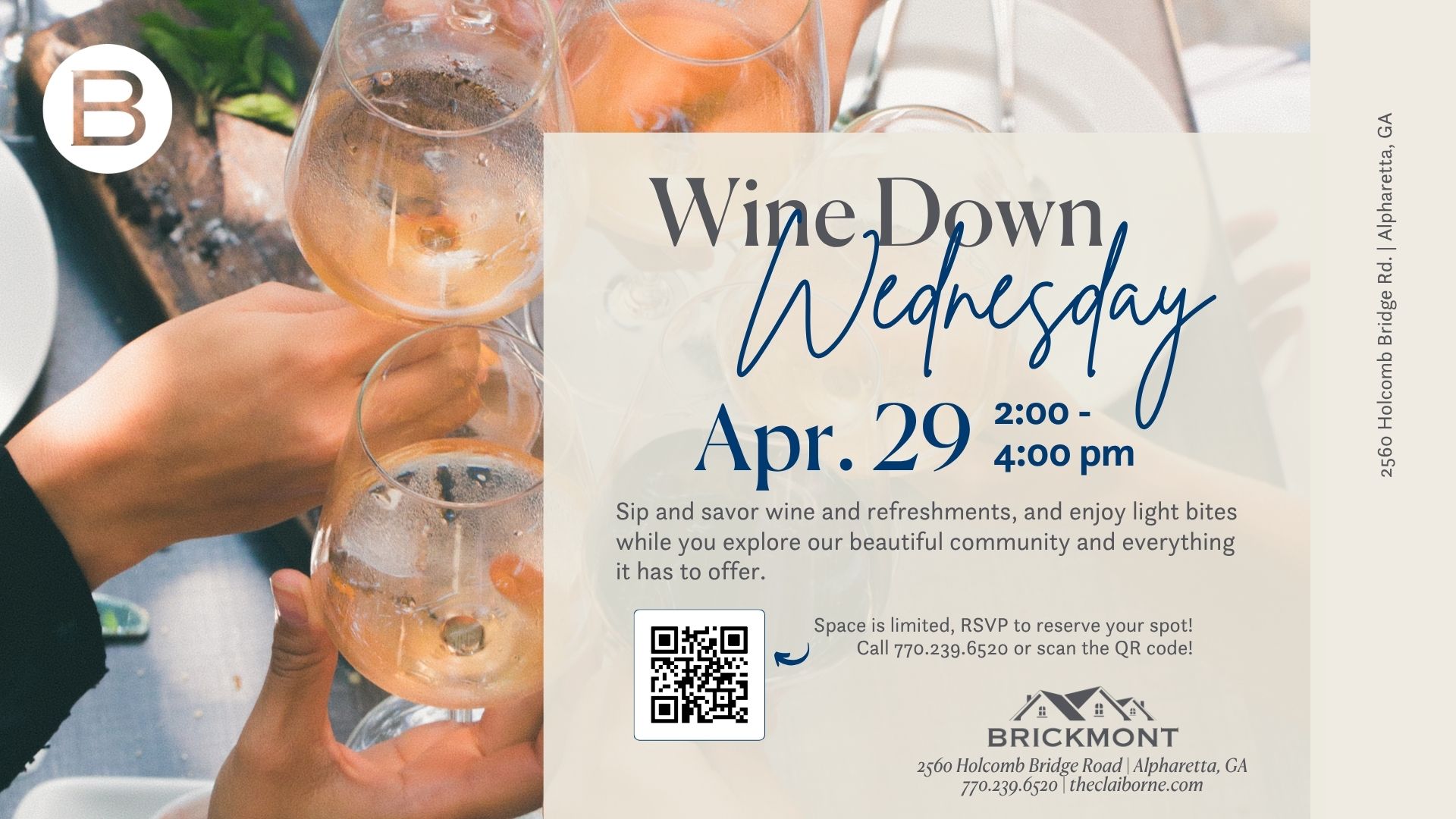People clinking wine glasses at a table, promoting a Wine Down Wednesday event on April 29 from 2–4 pm.