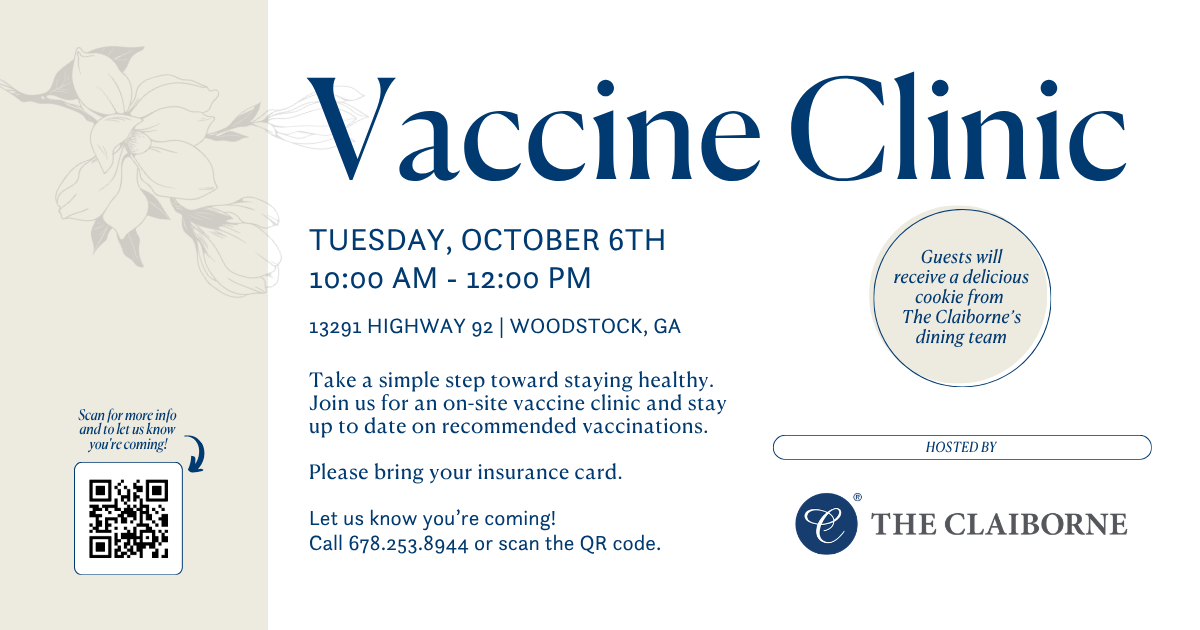 Vaccine Clinic flyer with date, time, location, QR code, and note about free cookies for attendees, hosted by The Claiborne.