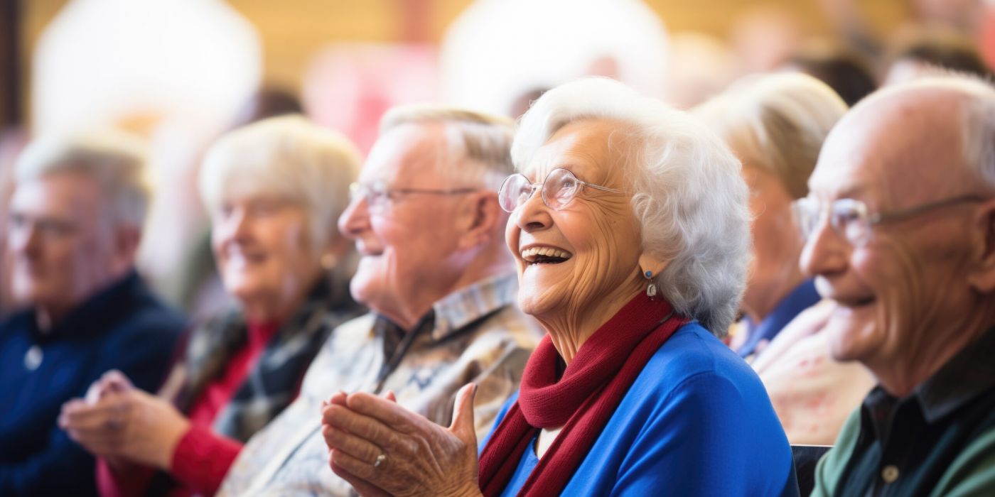 Elderly audience members smiling and clapping, enjoying an event in a warmly lit room.