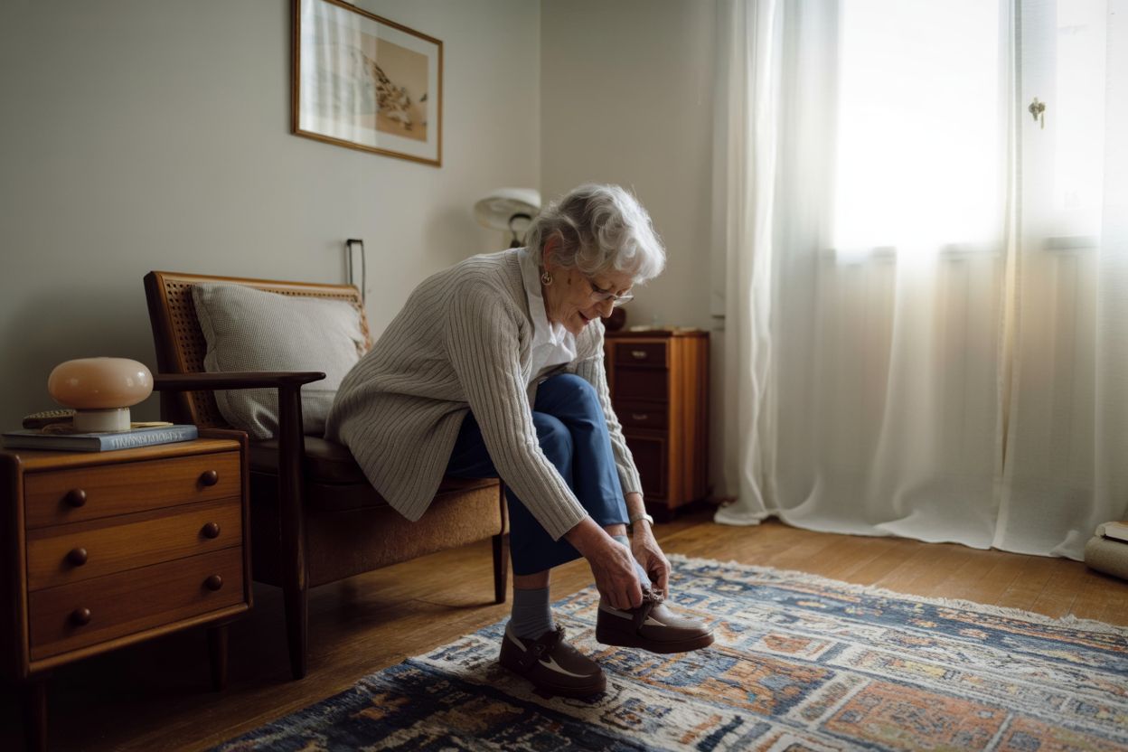 An elderly woman sits on a chair in a cozy room, putting on her shoes in the morning light.