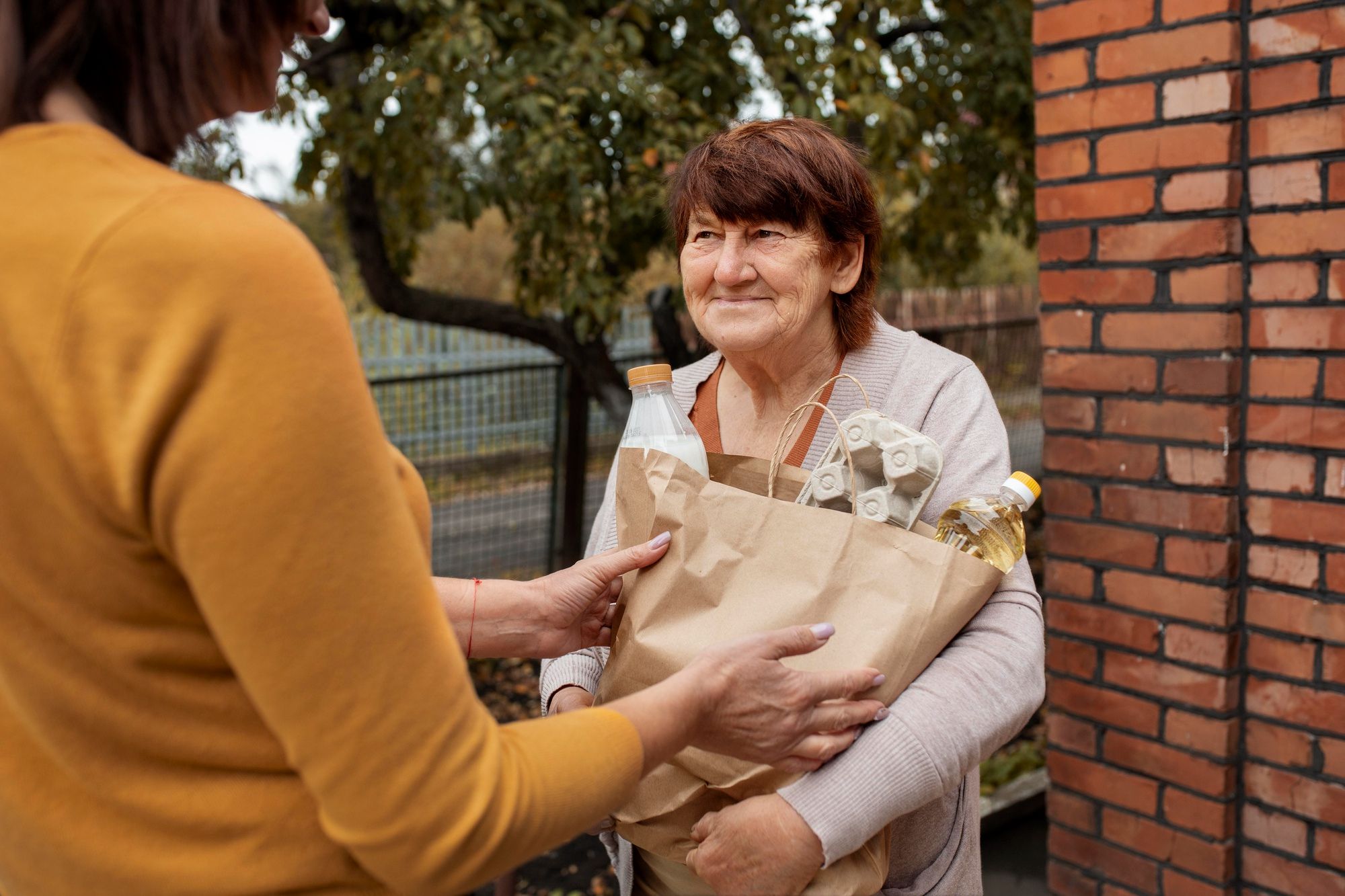 Elderly woman receiving a paper grocery bag from another person outdoors near a brick wall.