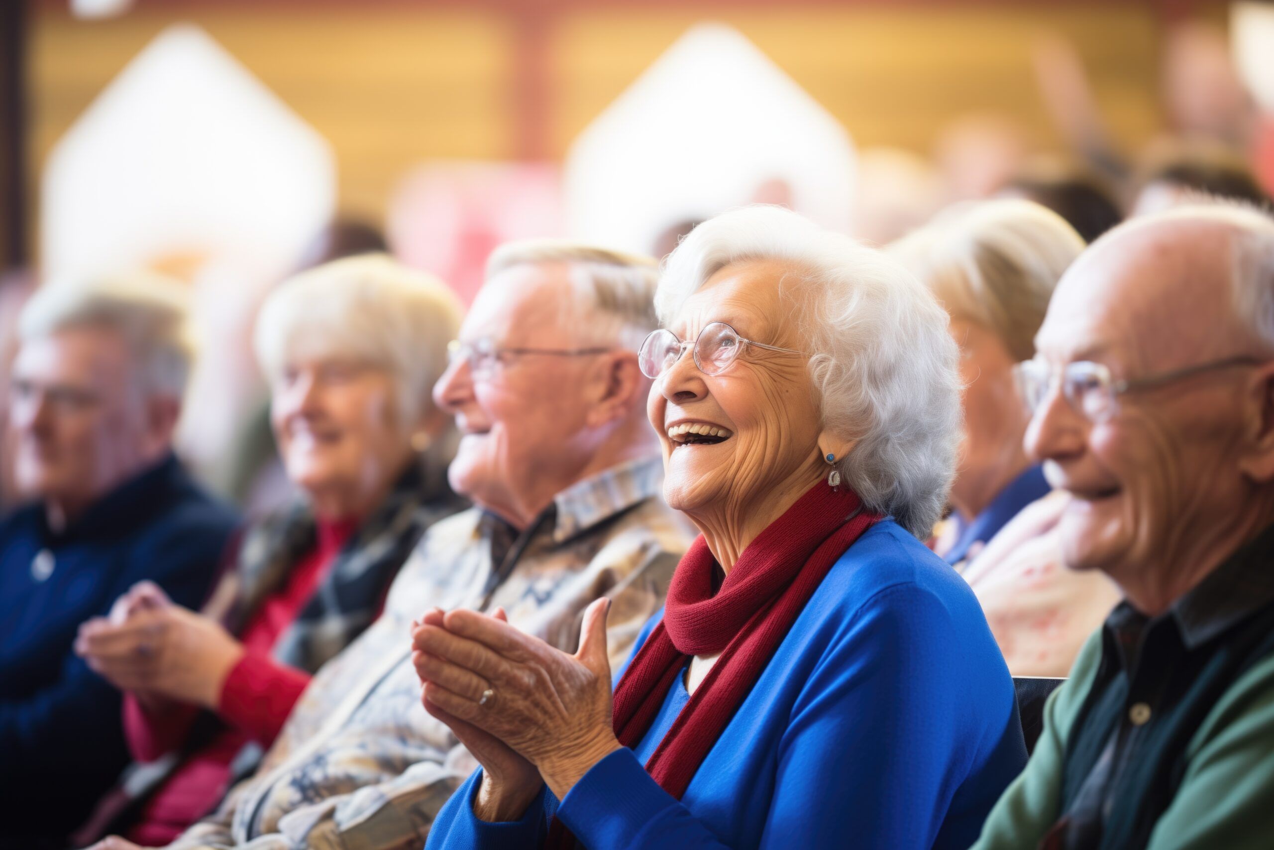 Elderly audience members smiling and clapping, enjoying an event in a warmly lit room.