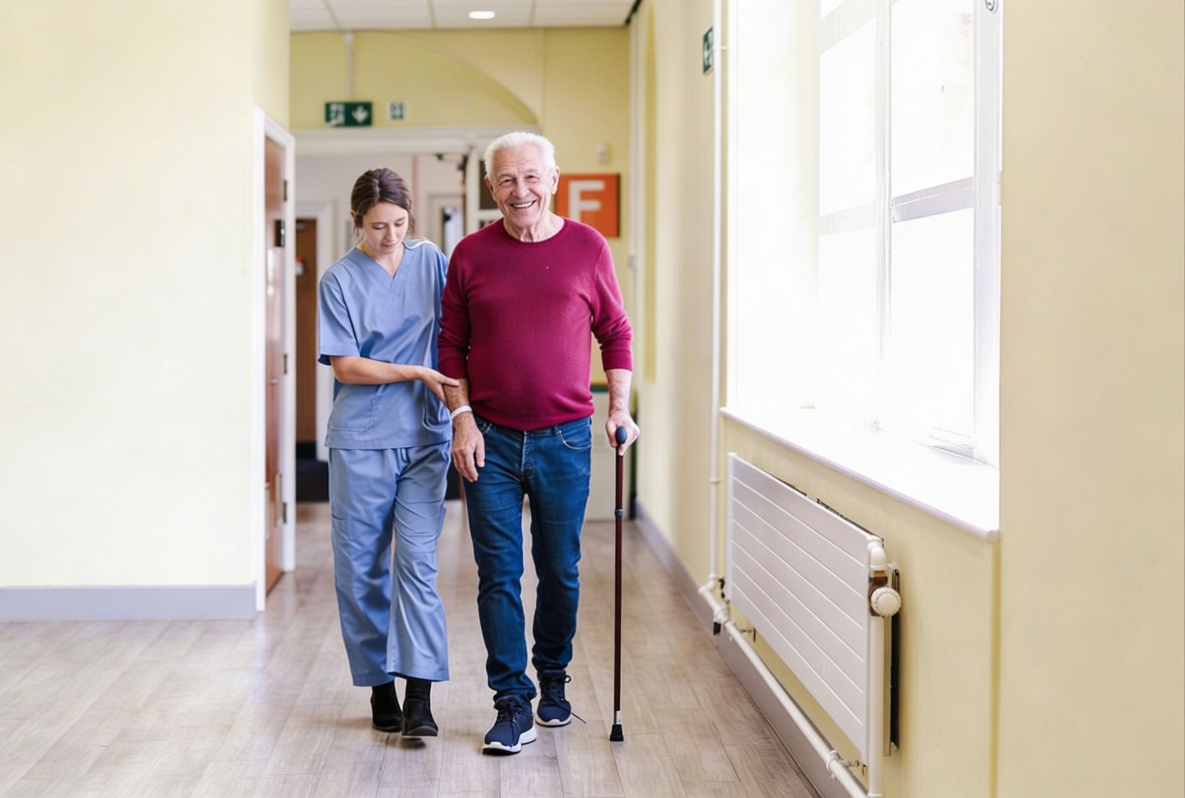 Nurse assists smiling elderly man with a walking stick as they walk down a bright hallway.