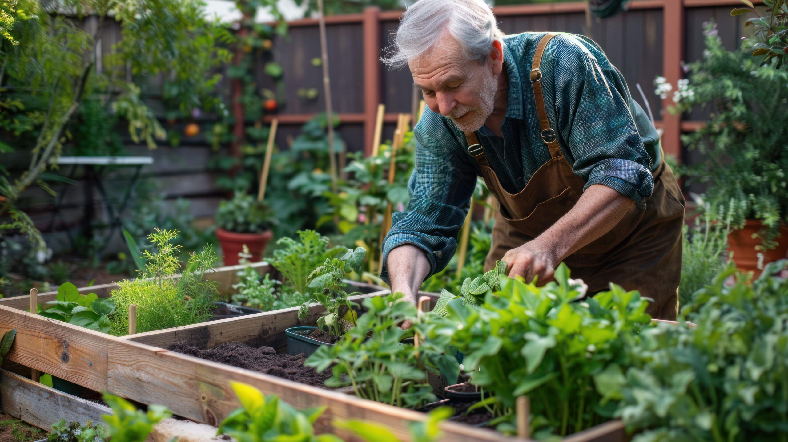 Elderly man gardening, planting herbs in a wooden raised bed in a lush, green backyard.
