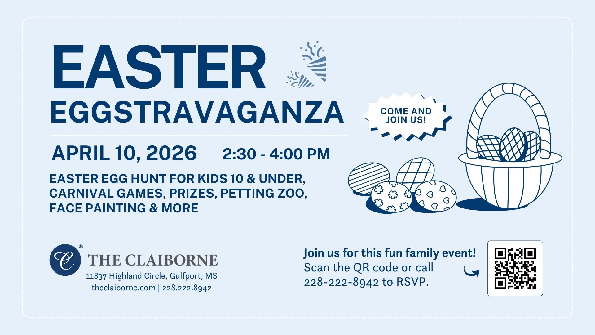 Blue easter flyer with a basket and eggs, easter eggstravaganza at The Claiborne at Gulfport event.