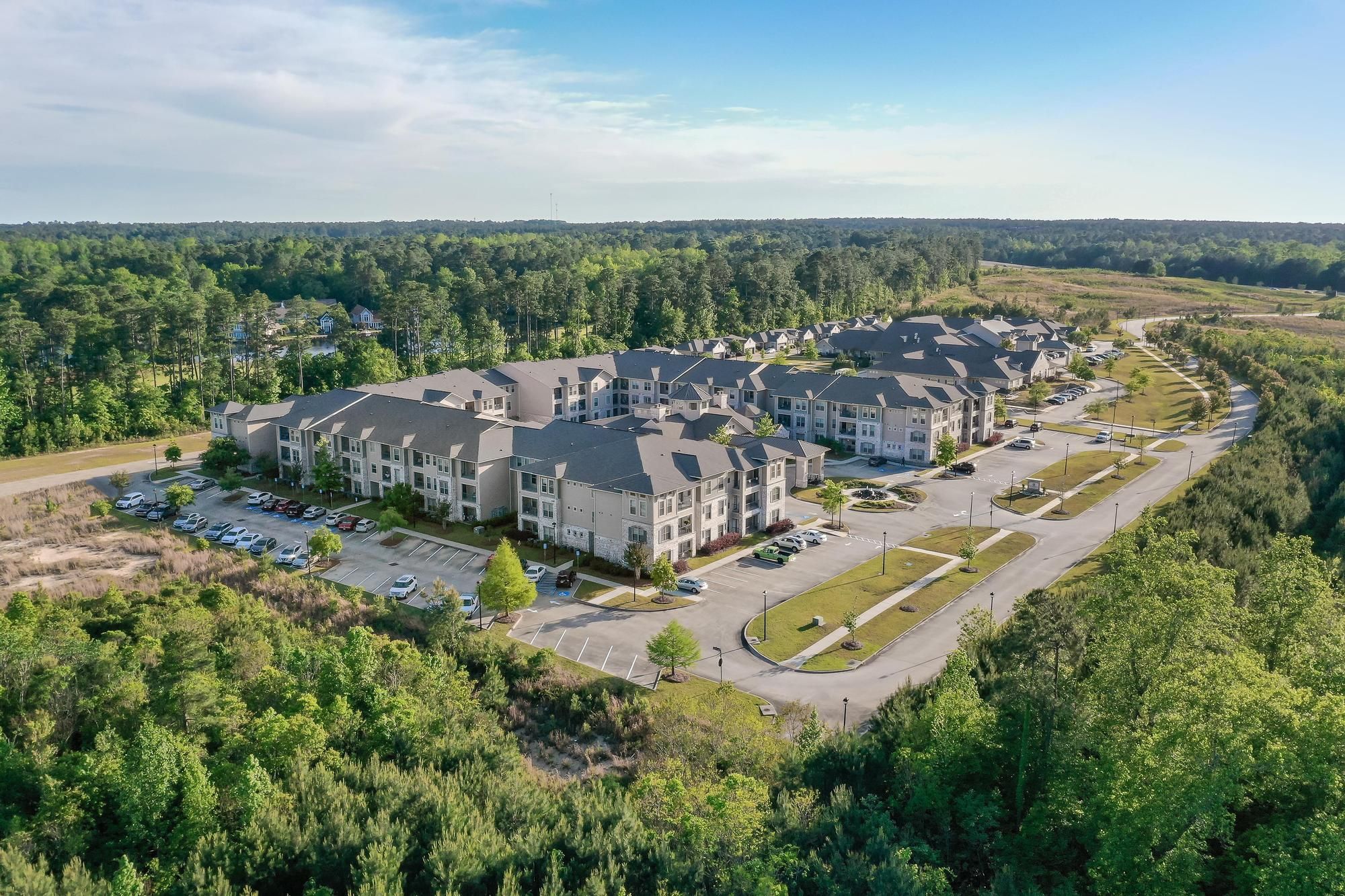 The Claiborne at Hattiesburg aerial view of community showing wooded setting