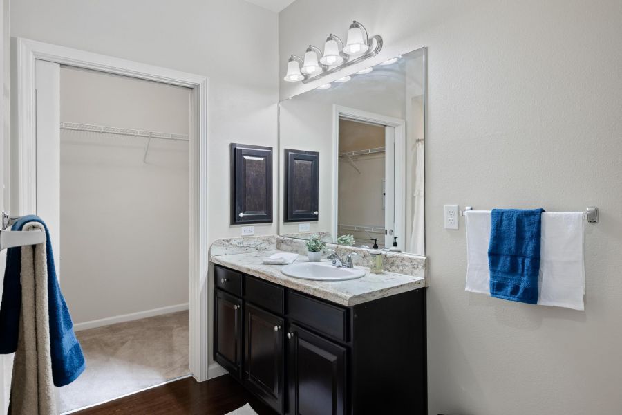 The Claiborne at Hattiesburg senior apartment bathroom with large closet and mirror