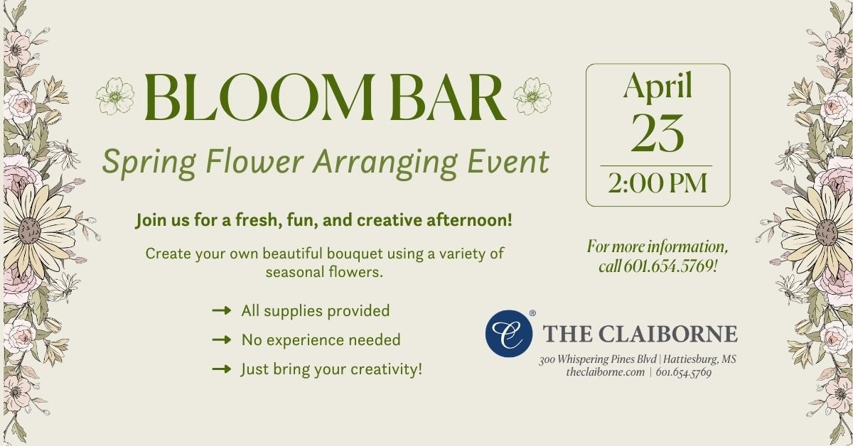 bloom bar spring flower arranging event flyer, cream with green text and a flower arrangement on the top and bottom