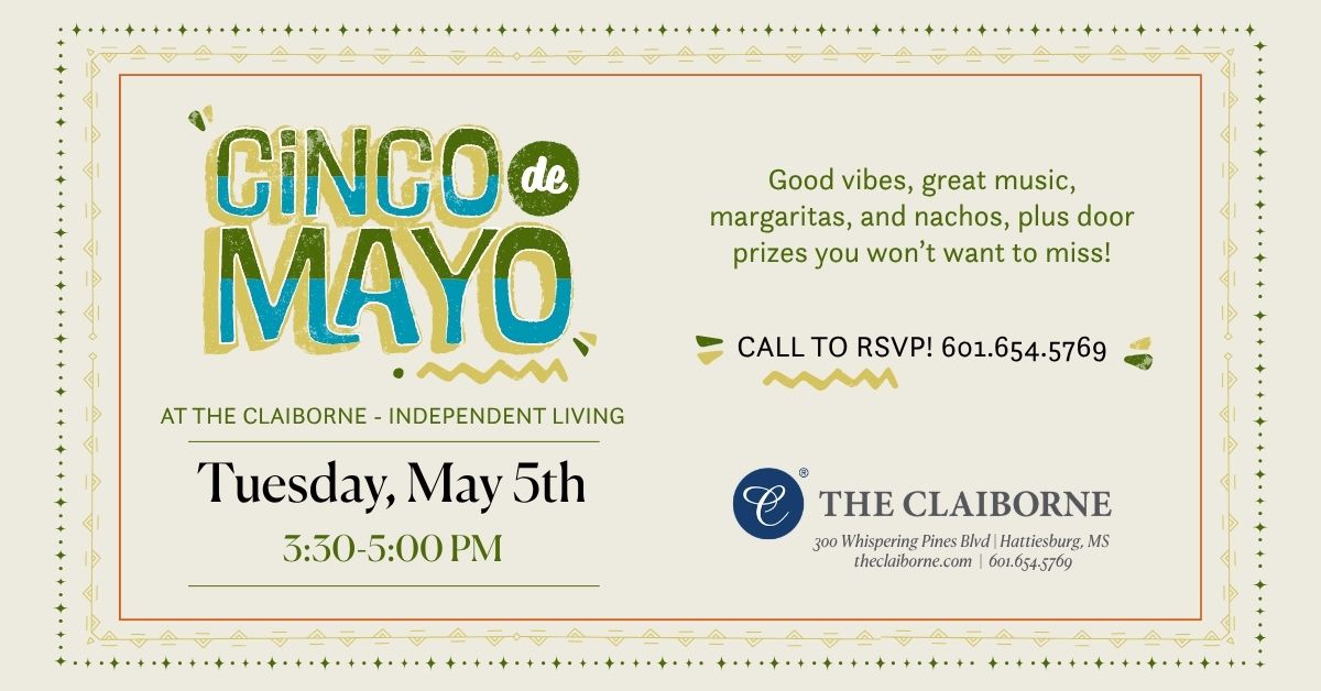 Cinco de Mayo event flyer, cream with a fun border and bright green and blue text design