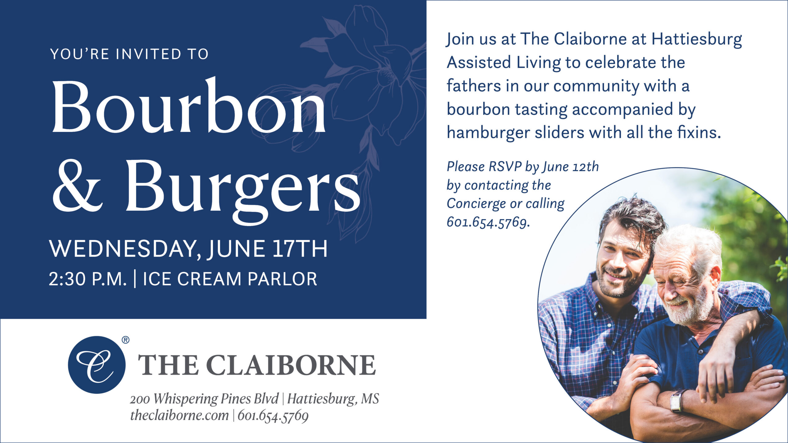 Bourbon & burgers father's day event at The Claiborne at Hattiesburg event graphic with a senior dad hugging his son image.