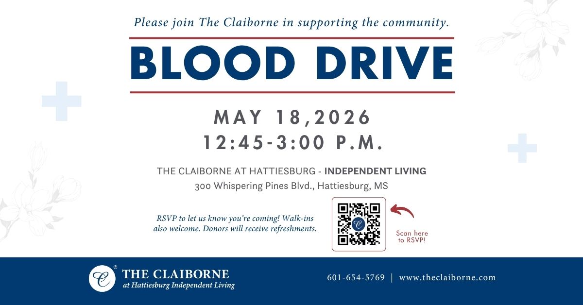 Blood drive at Claiborne at Hattiesburg Independent Living event flyer