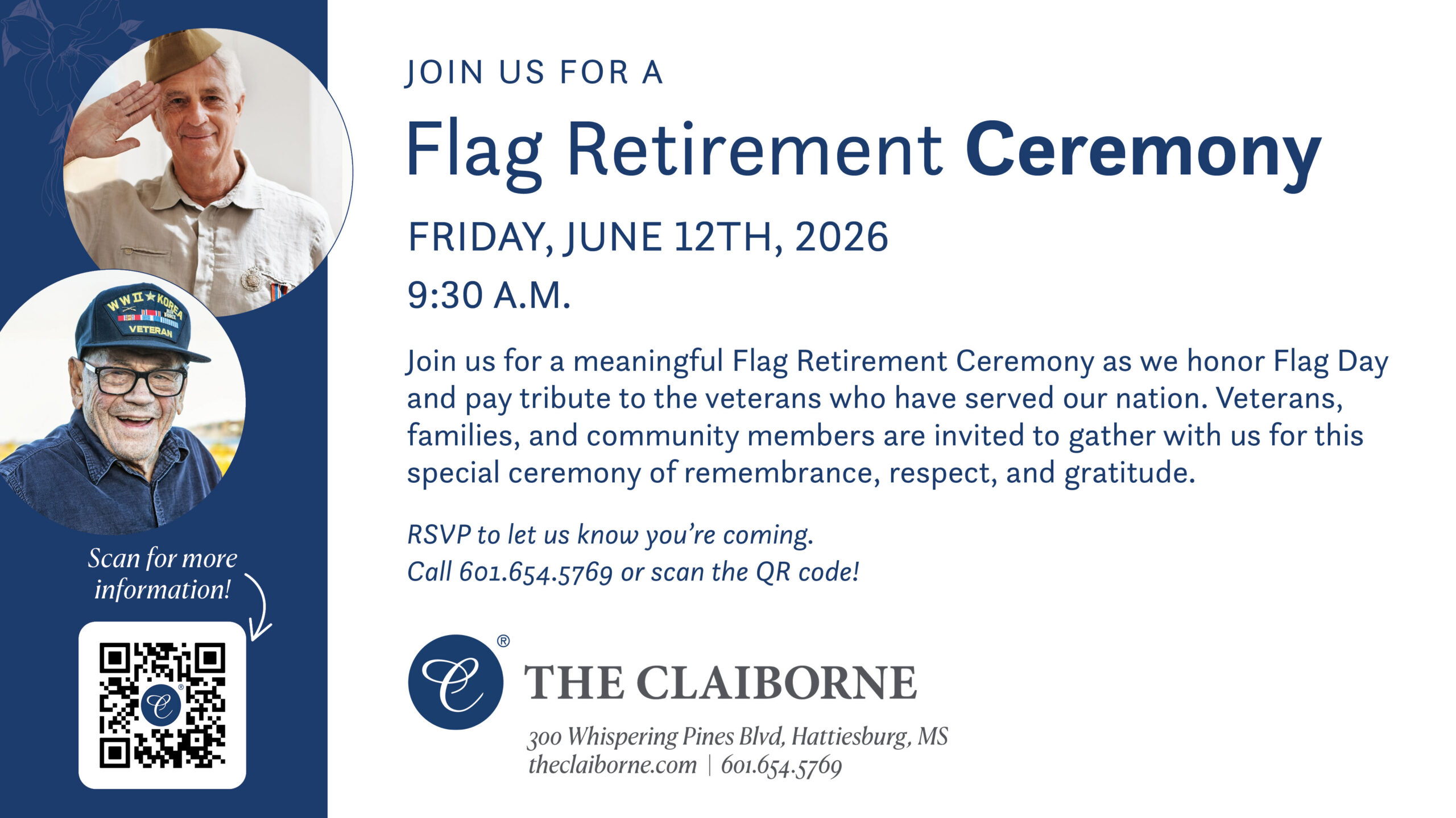 Flag retirement ceremony for Veterans at The Claiborne at Hattiesburg Independent Living event graphic.