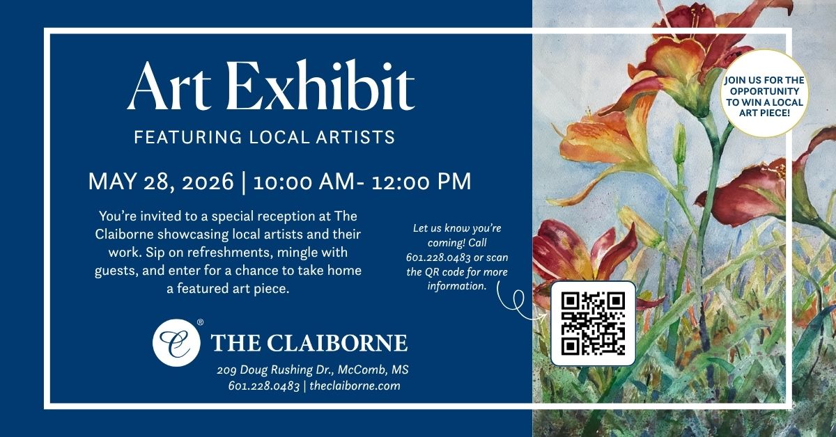 Art Exhibit event graphic with white text with navy background on one side and on the other, a piece of art from one of the local artists of painted red flowers.