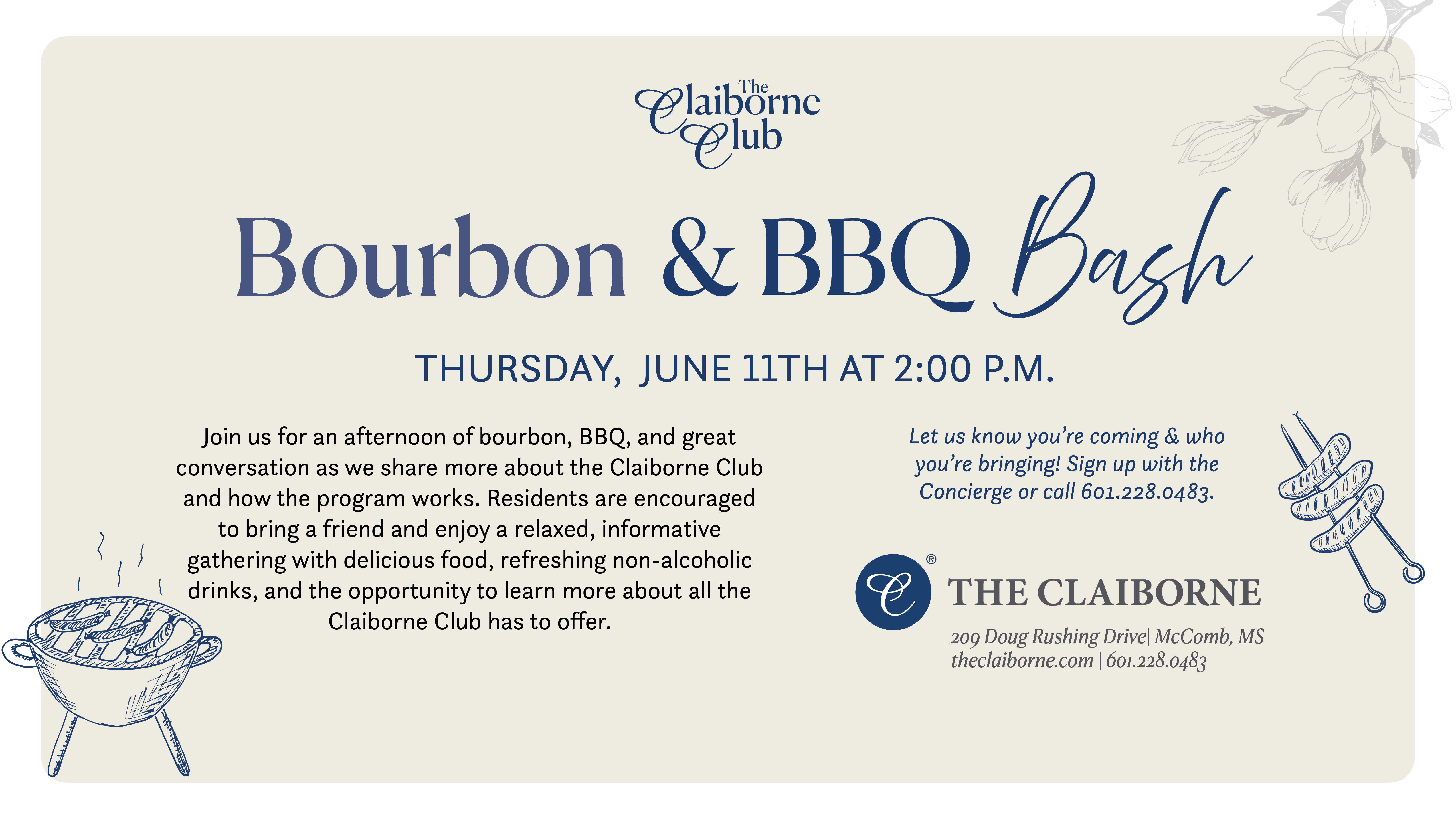 Bourbon and BBQ event flyer for The Claiborne Club at McComb.