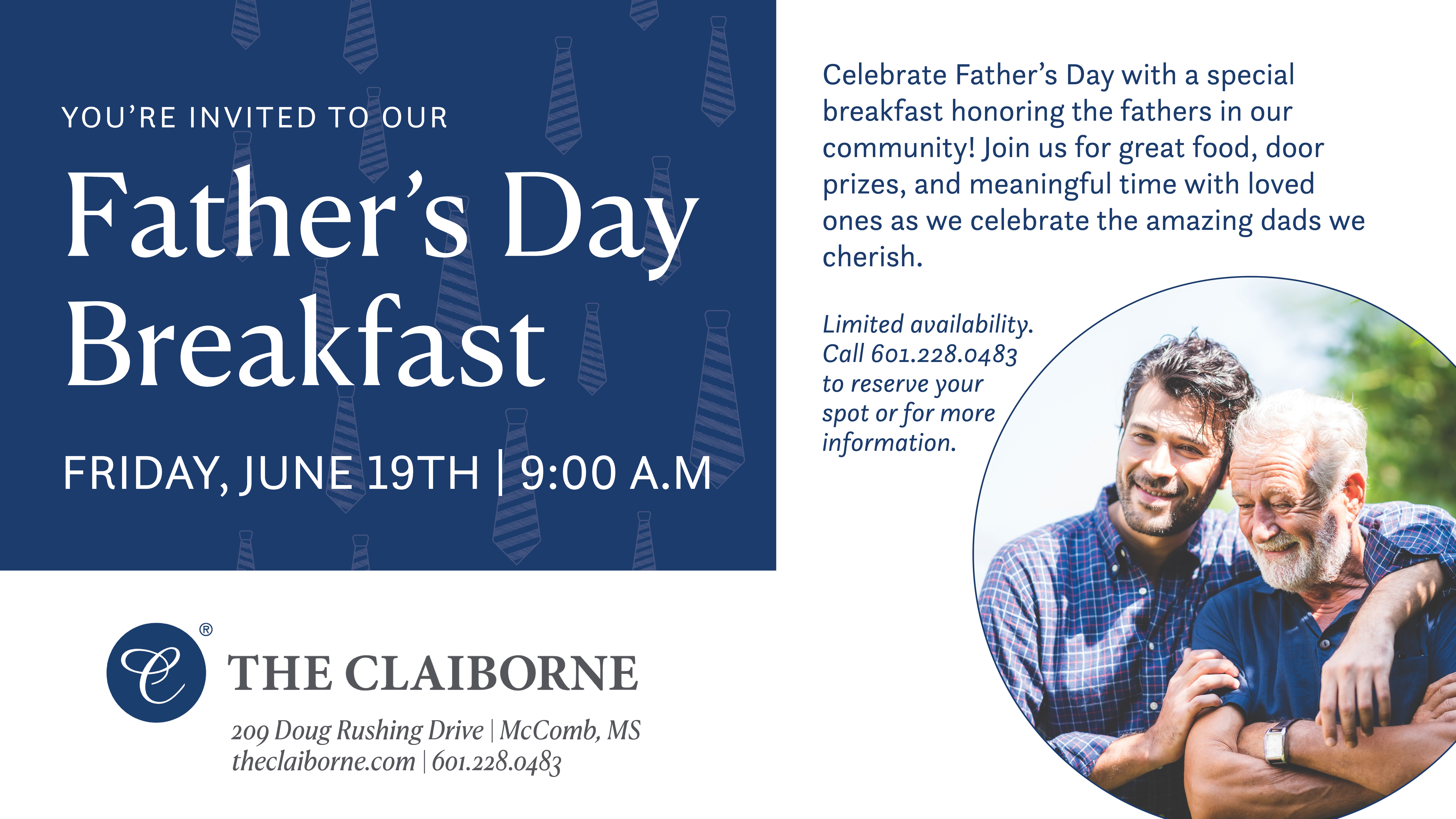 Father's day breakfast at The Claiborne at McComb event graphic with a navy background with ties on half of it and a picture of a senior man and his son hugging.