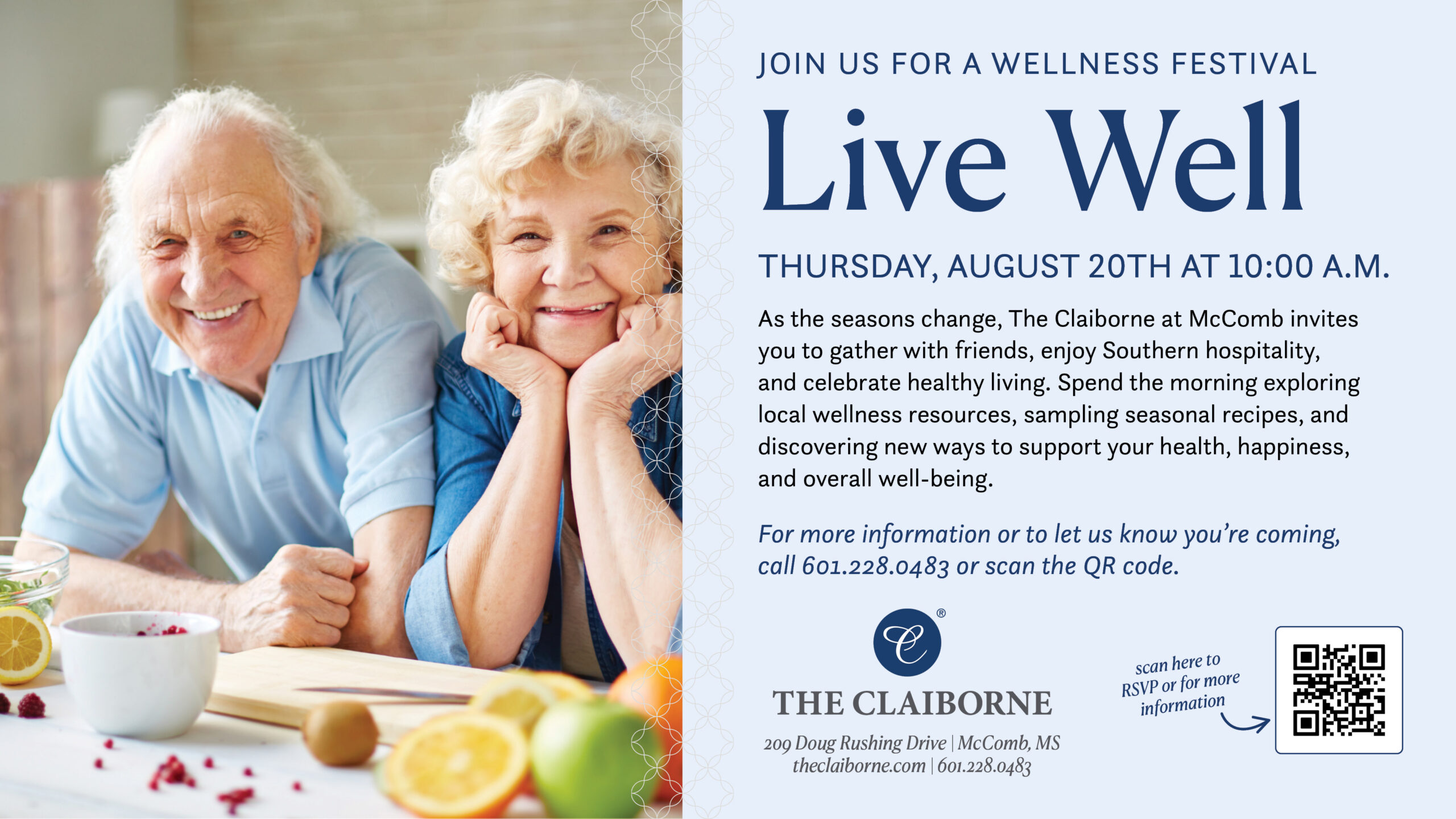 Live Well wellness festival at The Claiborne at McComb event graphic with a senior couple standing with fruit in a kitchen.