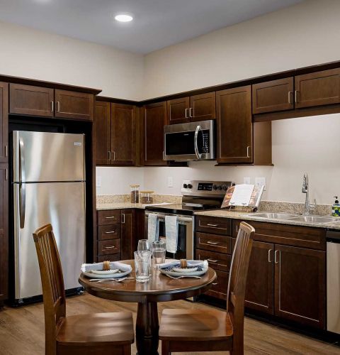 The Claiborne at Newnan Lakes senior apartment full kitchen with stainless steel appliances and high-end finishes