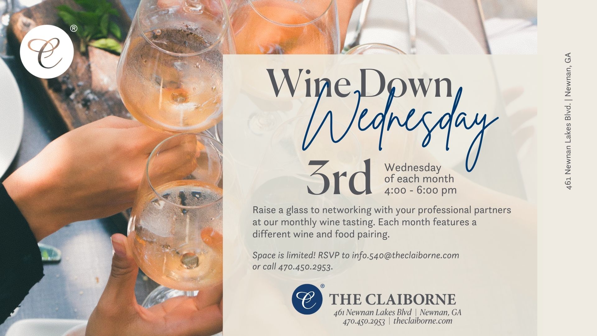 Wine glasses celebrating, event flyer for Wine Down Wednesday monthly event on the third Wednesday every month.