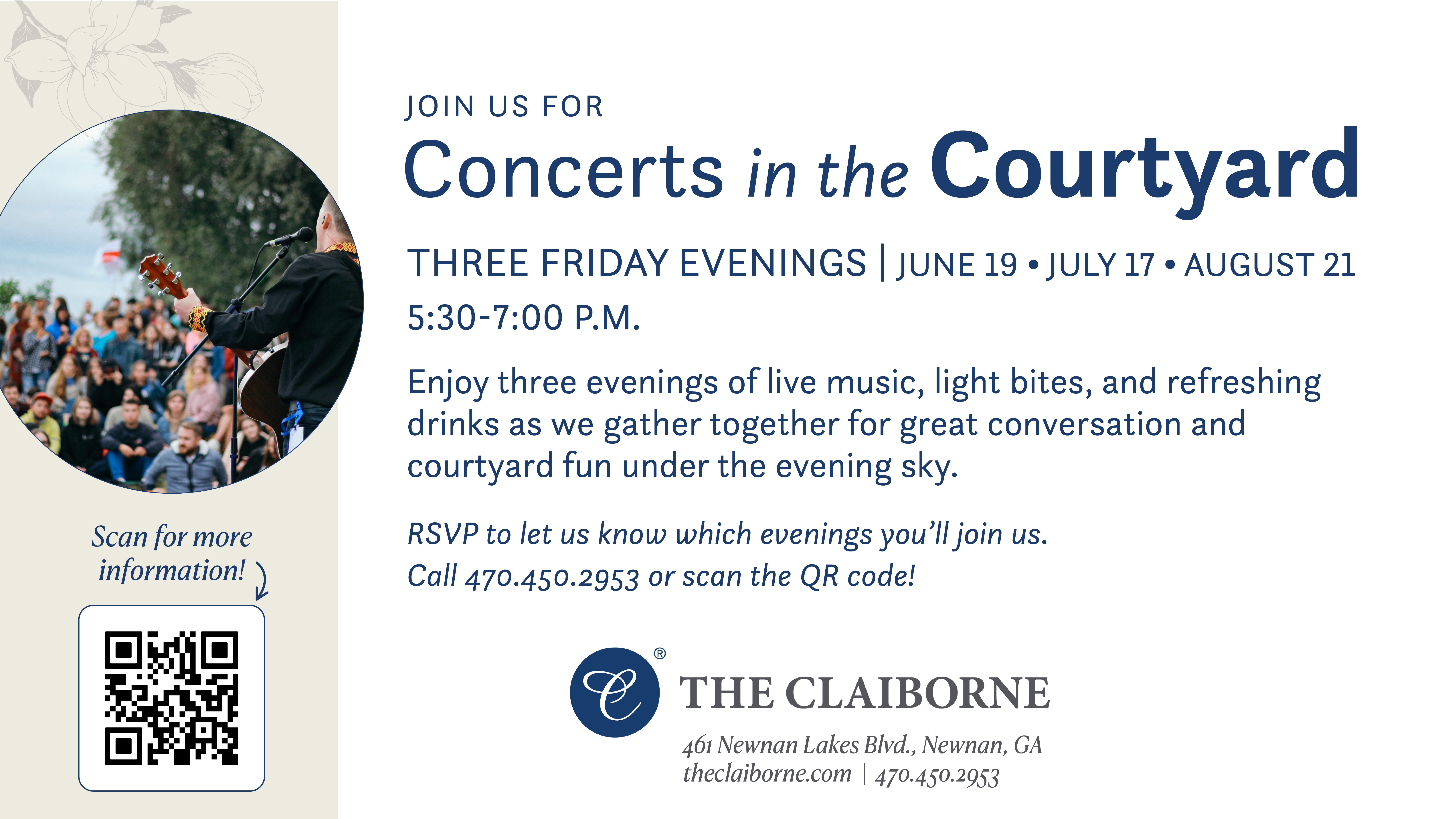 Concerts in the Courtyard summer event graphic at Claiborne at Newnan Lakes.