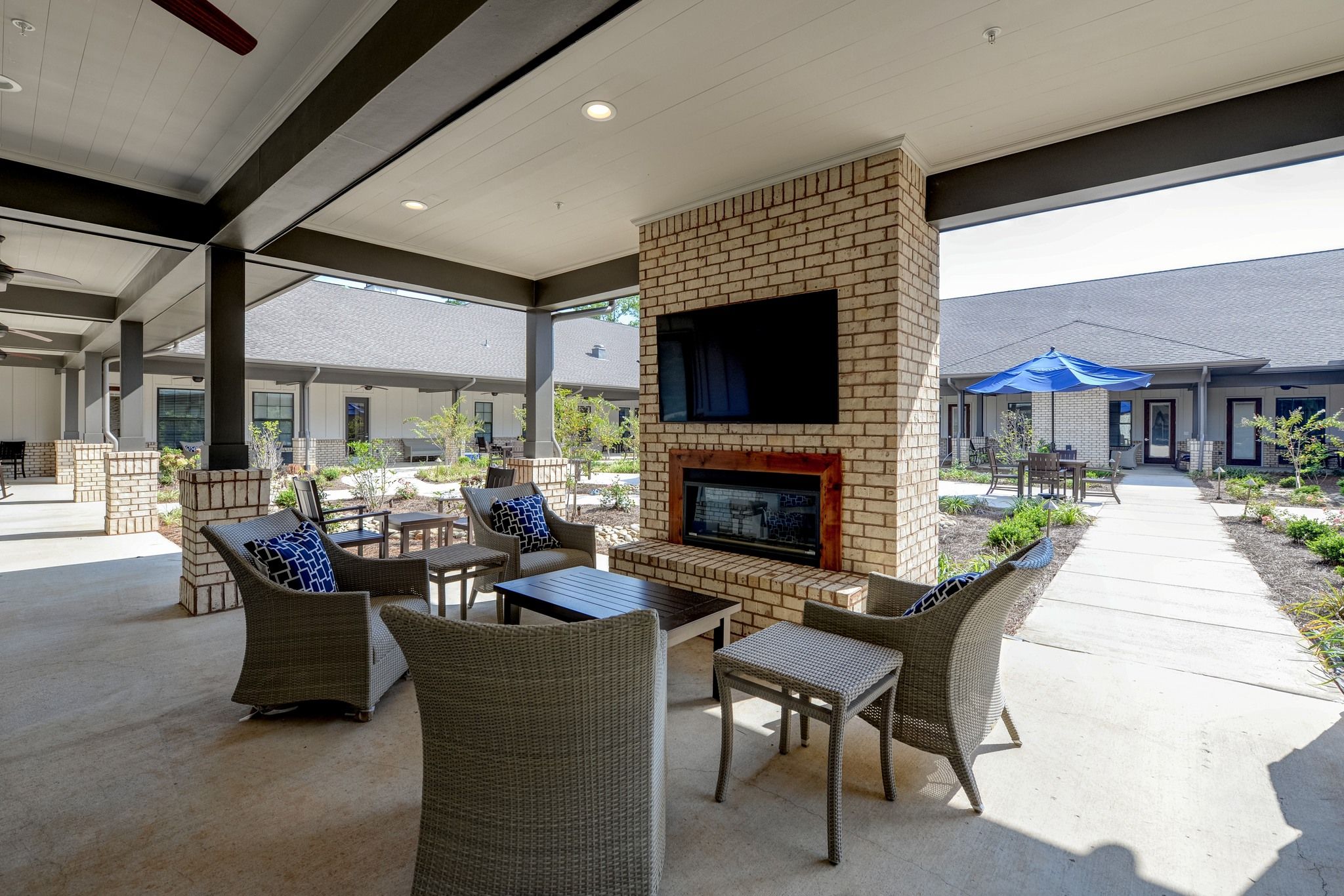 The Preserve at Meridian view of courtyard with fireplace and seating