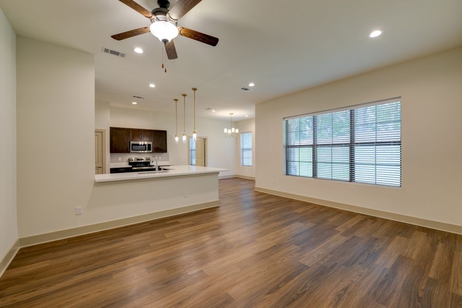 The Preserve at Meridian senior living community independent living living room with hard-wood like flooring