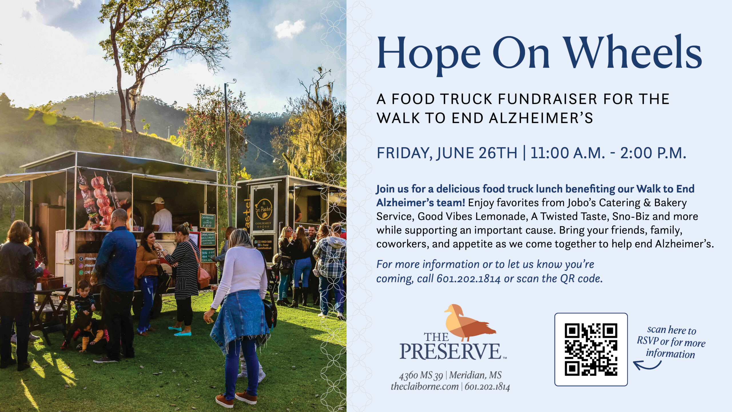 Hope on wheels fundraising food truck event for the walk to end Alzheimer's team at The Preserve graphic.