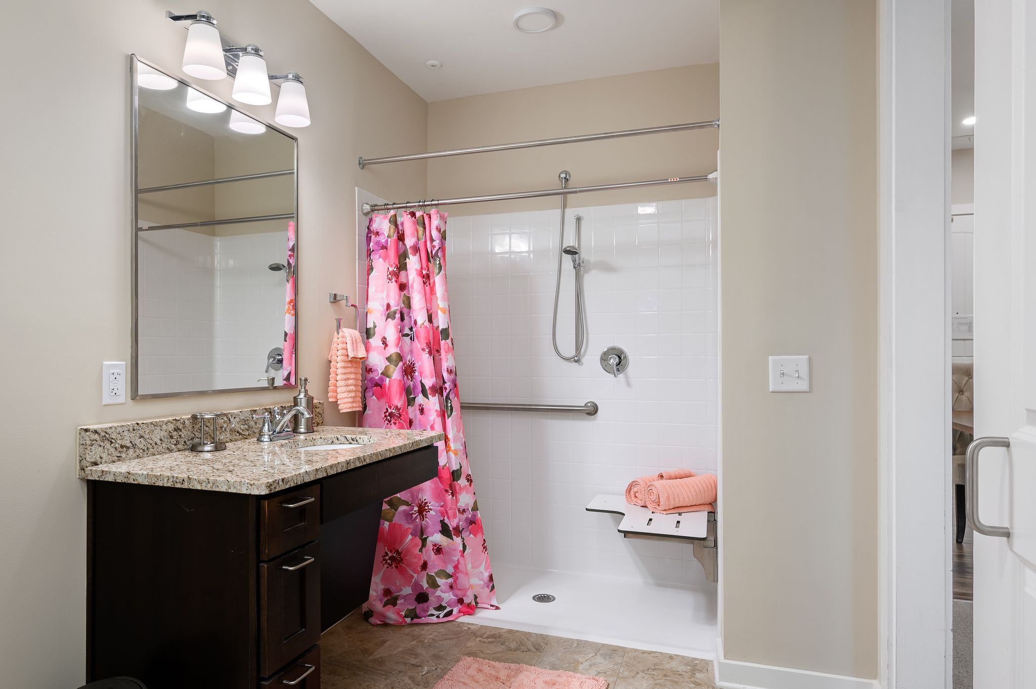 The Claiborne at Shoe Creek assisted living bathroom with accessibility features