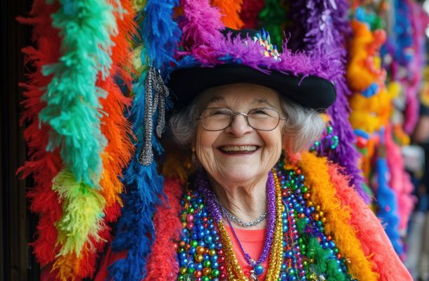 Elderly woman wearing a black hat, colorful beads, and vibrant feather boas laughs joyfully.
