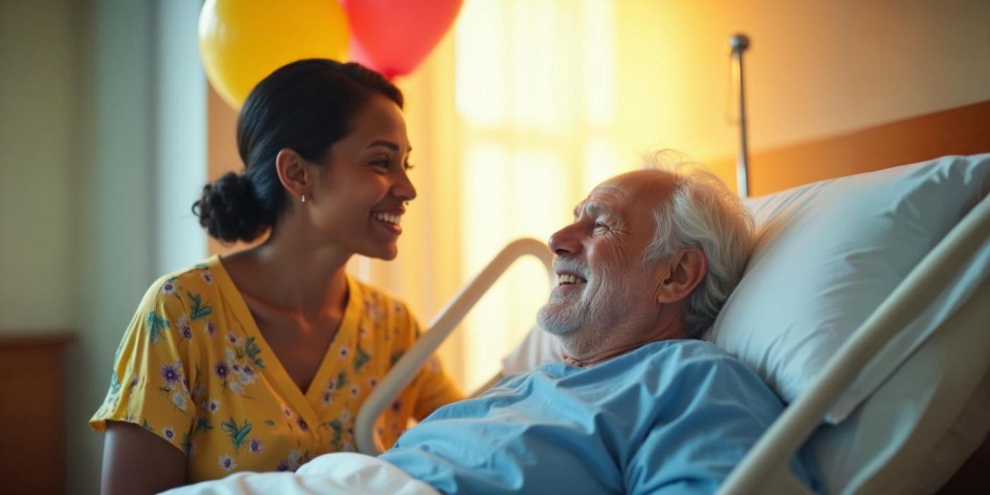 A woman smiles at an elderly man lying in a hospital bed, with balloons in the background.