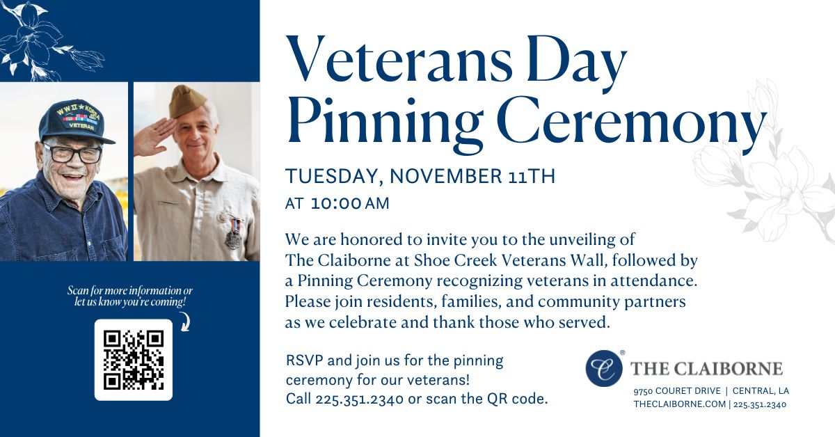 Veterans day pinning ceremony event details with two images of veterans