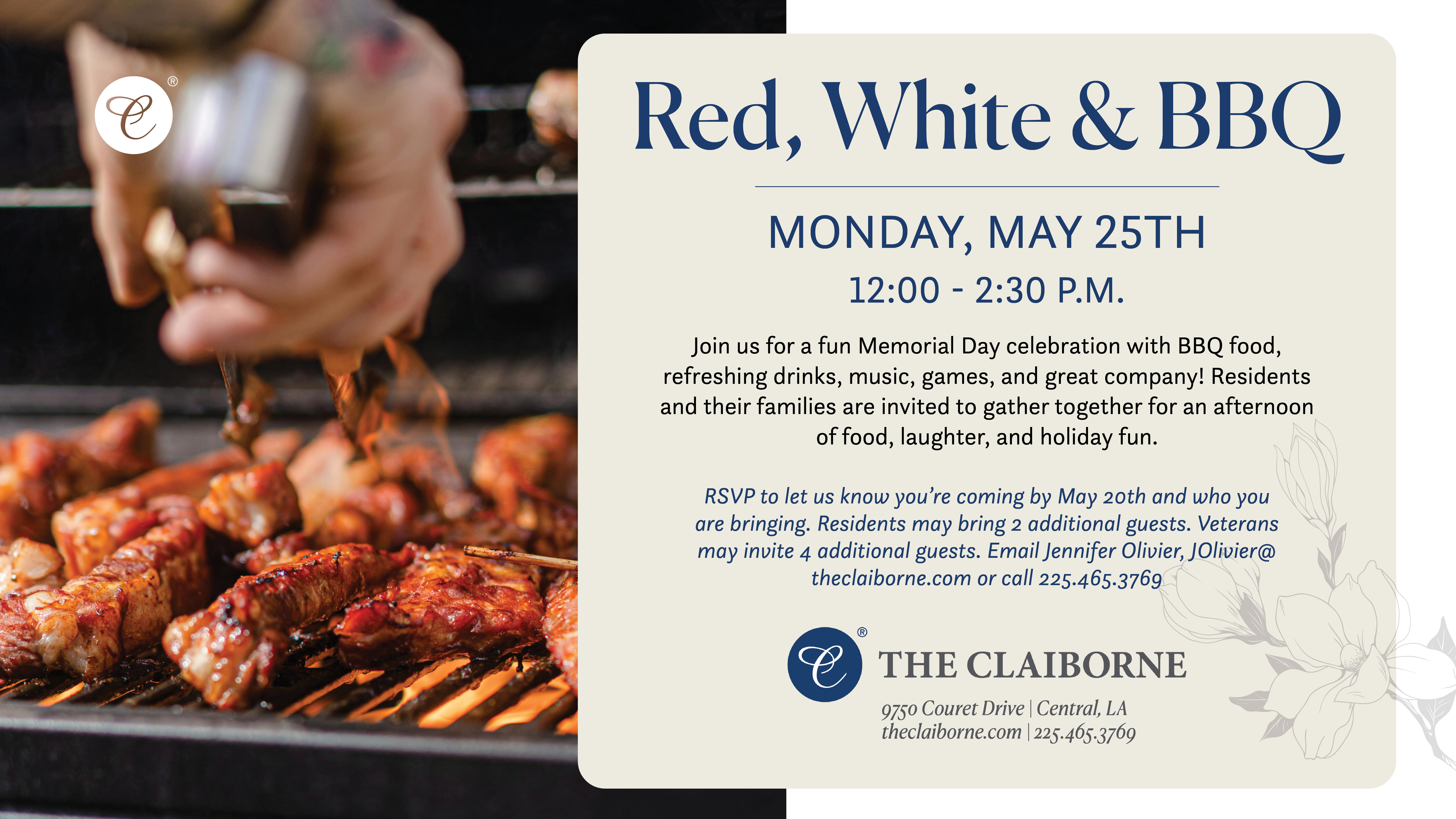 Red, white & BBQ Memorial Day event at The Claiborne at Shoe Creek. Graphic with a picture of hands grilling some meat.