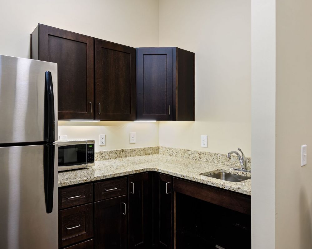 The Claiborne at Simpsonville senior living community kitchenette for assisted living residents