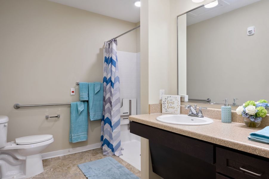 The Claiborne at Simpsonville memory care unit bathroom with accessibility features