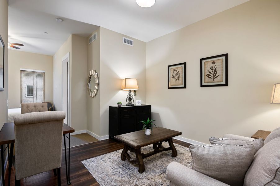 The Claiborne at Simpsonville senior community assisted living apartment living room