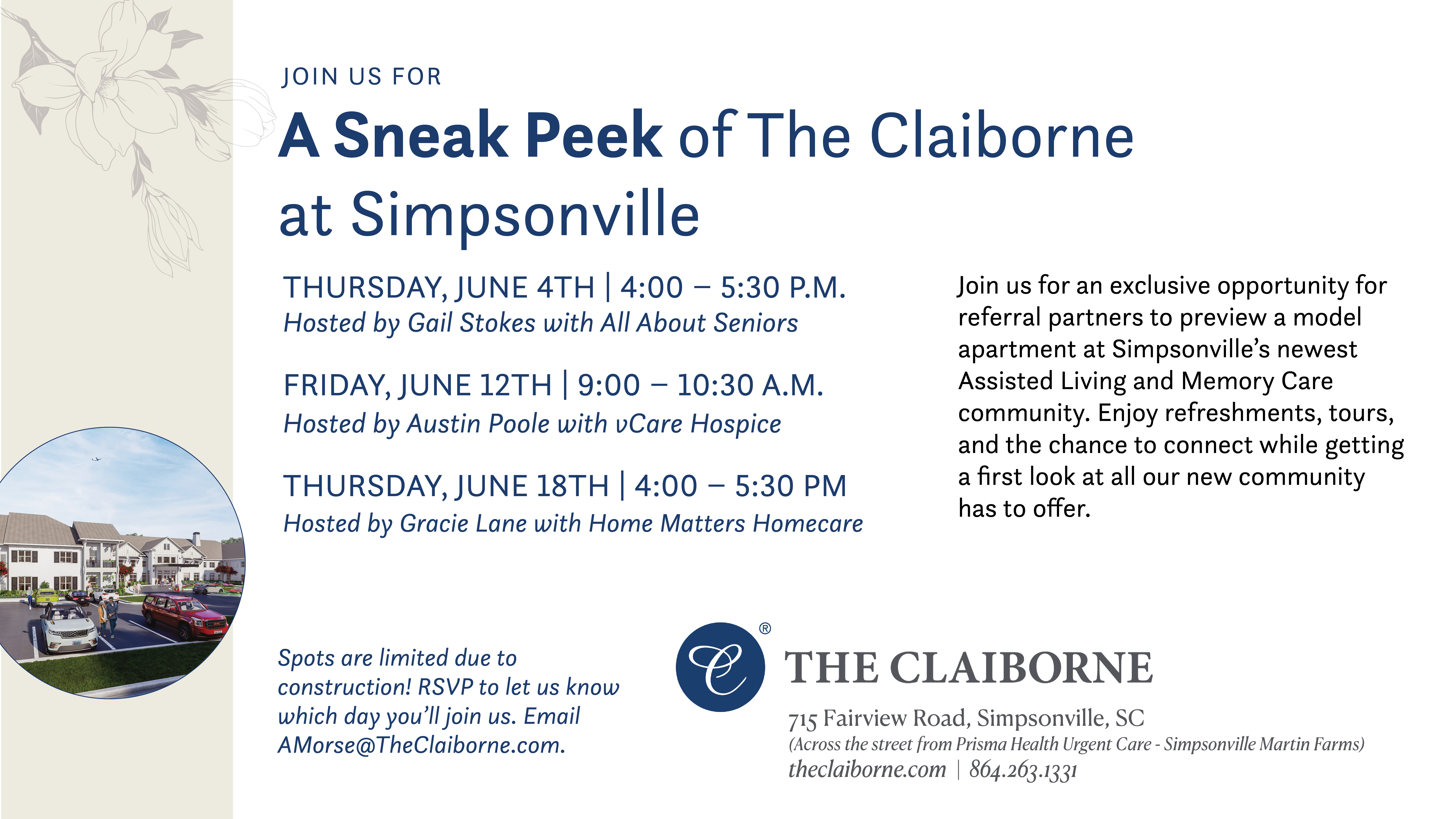 Event invitation for The Claiborne at Simpsonville with event dates, times, hosts, and RSVP/contact details.