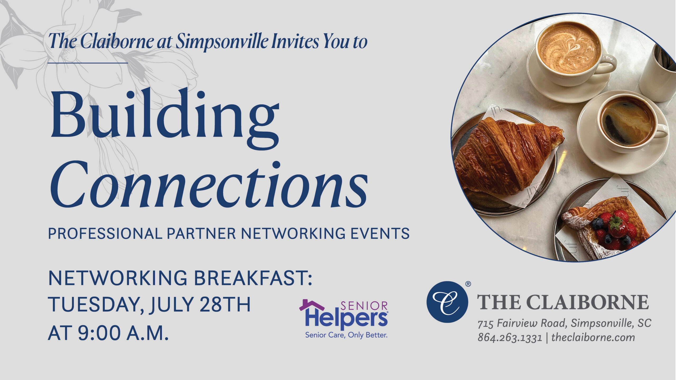 Invitation for a networking breakfast with pastries and coffee, hosted by The Claiborne and Senior Helpers.