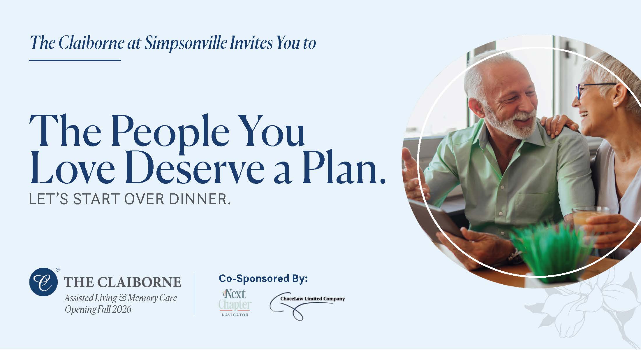 Older couple smiling and dining together with event text about planning for assisted living at The Claiborne in Simpsonville.