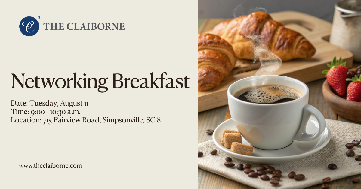 A cup of coffee, croissants, strawberries, and networking breakfast event details on a table.