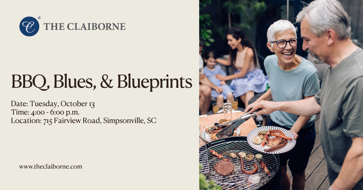 Two people grill food and laugh at an outdoor gathering; event details for BBQ, Blues, & Blueprints are on the left side.