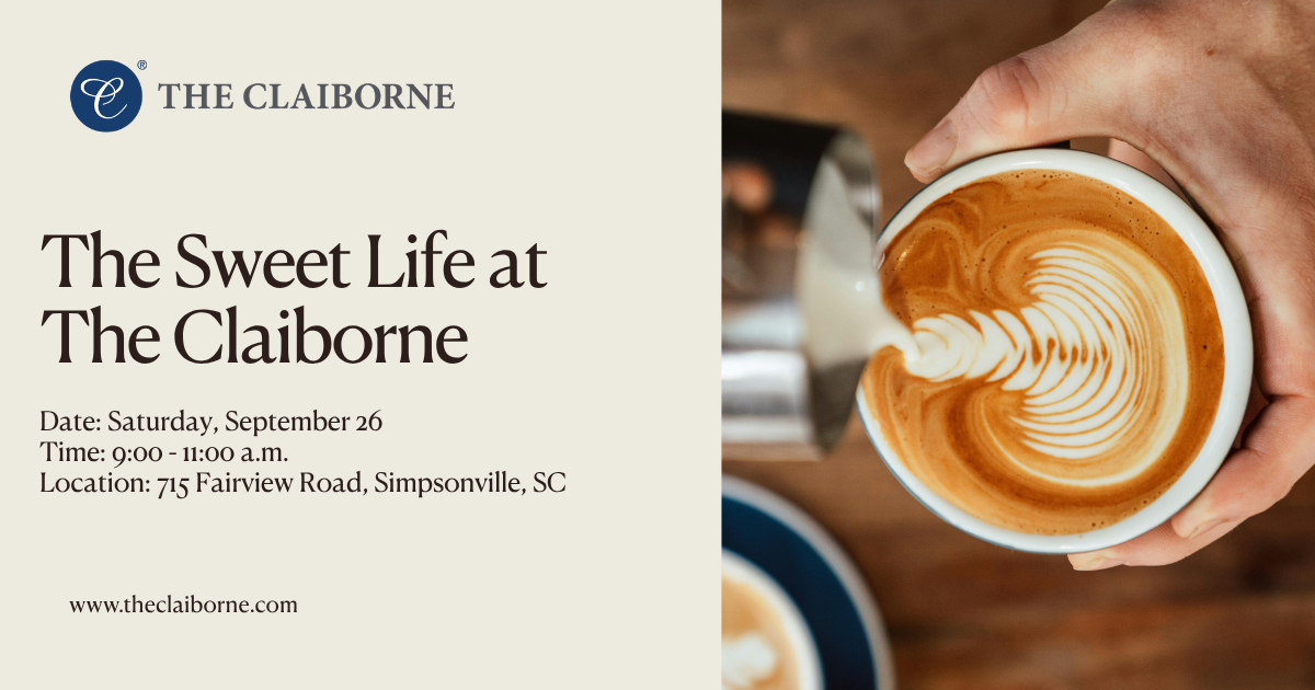 A hand pours steamed milk into a latte, creating latte art. Event details for The Claiborne’s “The Sweet Life” are listed on the left.