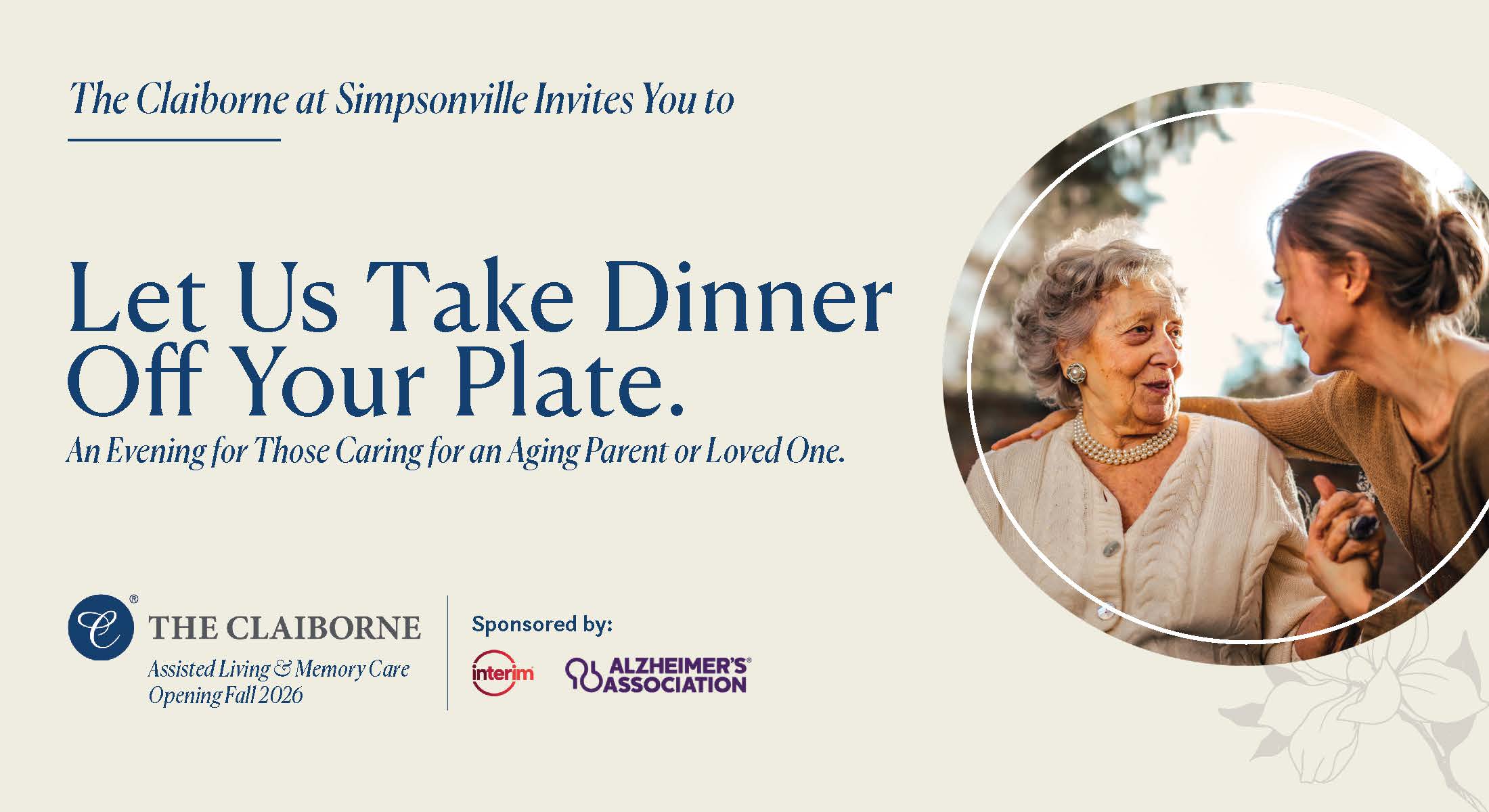 Two women, one older and one younger, smile at each other outside. Event details about caregiving dinner are shown on the left.