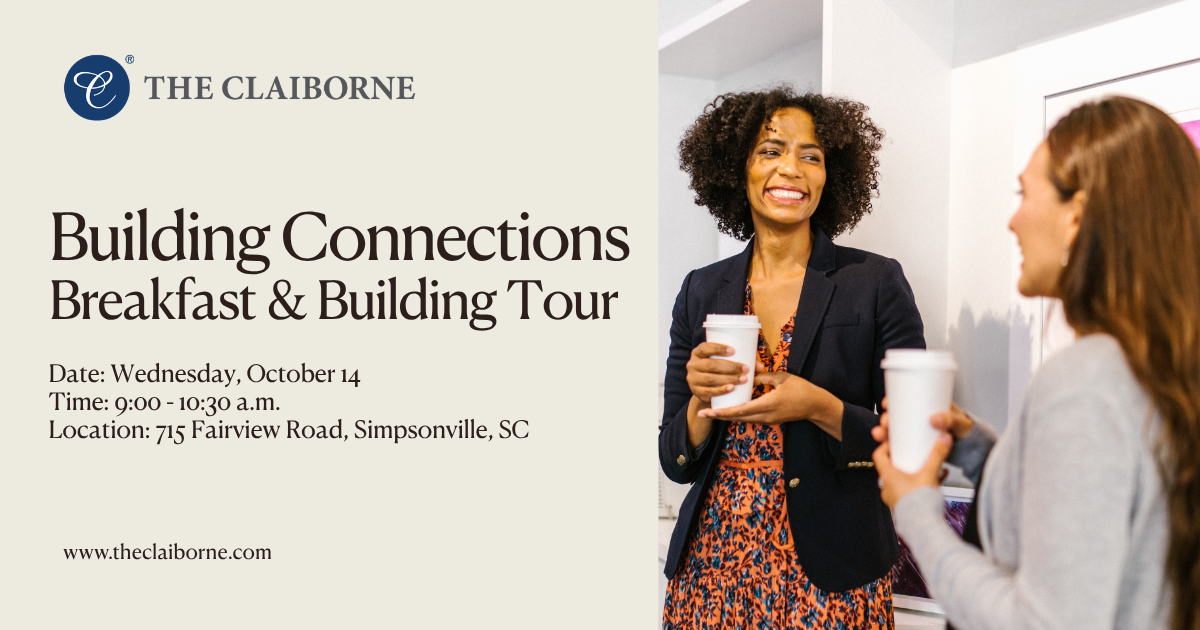 Two women holding coffee cups smile and talk at a networking event. Event details for a breakfast and building tour are displayed on the left.
