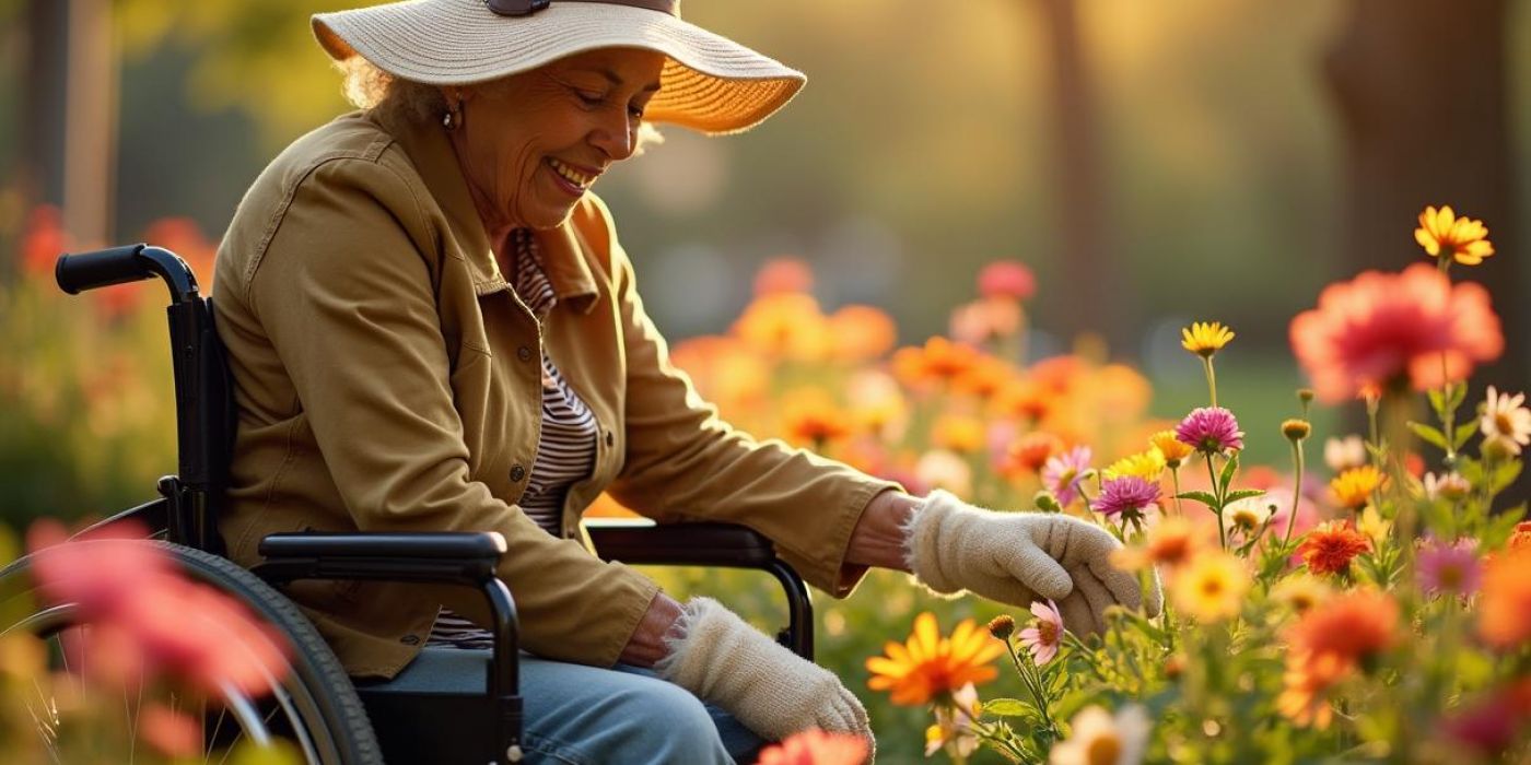 Smiling woman in a wheelchair tending to colorful flowers in a sunlit garden, wearing a hat and gloves.