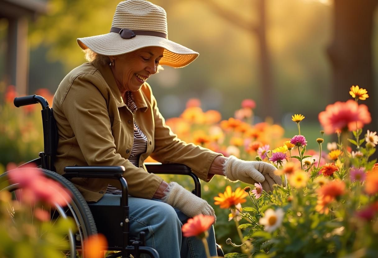 Smiling woman in a wheelchair tending to colorful flowers in a sunlit garden, wearing a hat and gloves.