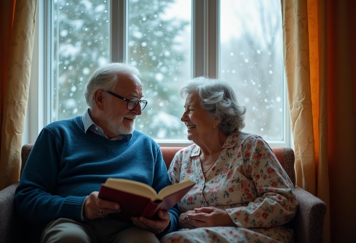 An elderly couple sits by a snowy window, smiling and reading a book together on a cozy couch.