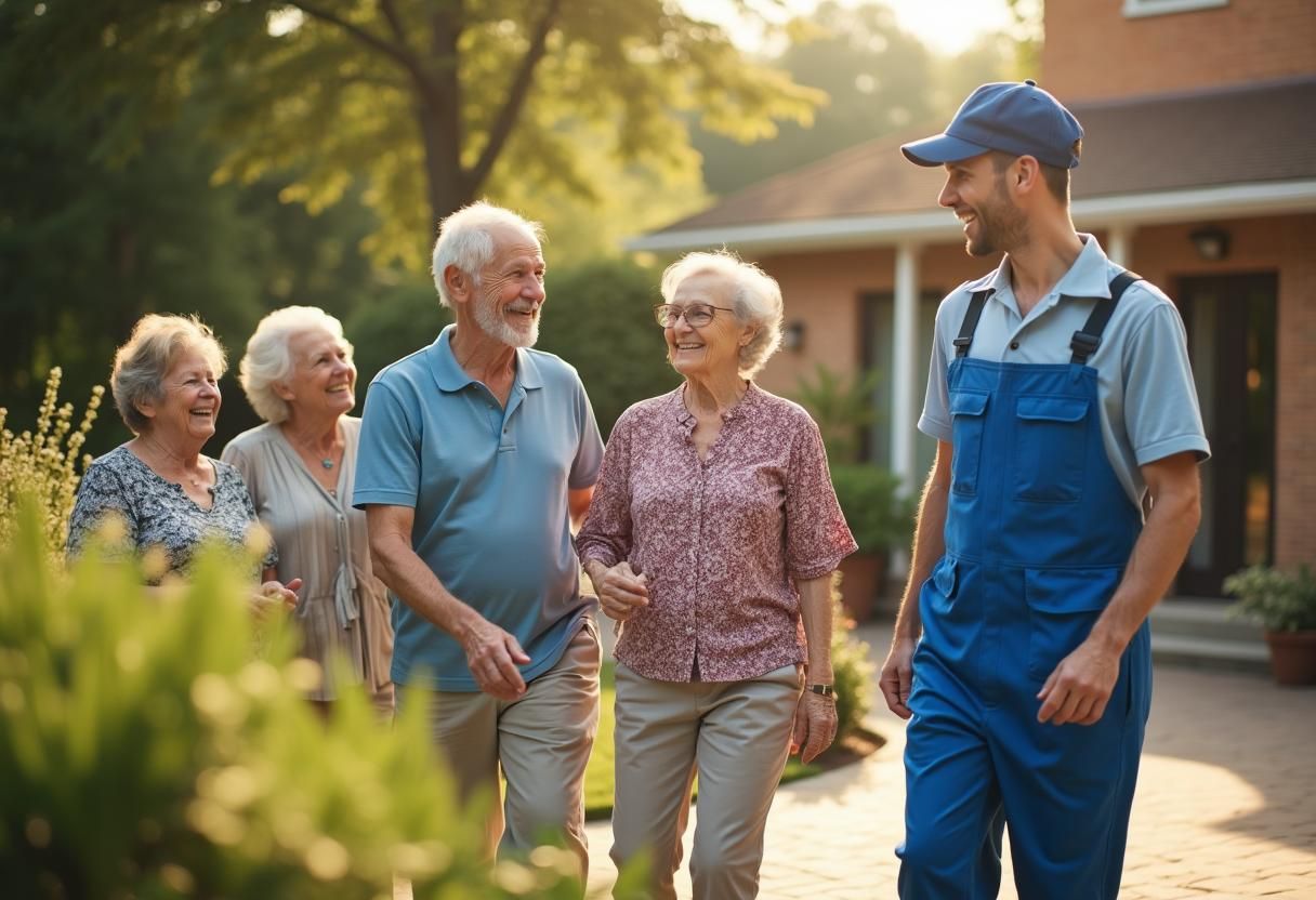 A group of happy seniors walking outside with a smiling maintenance worker on a sunny day.