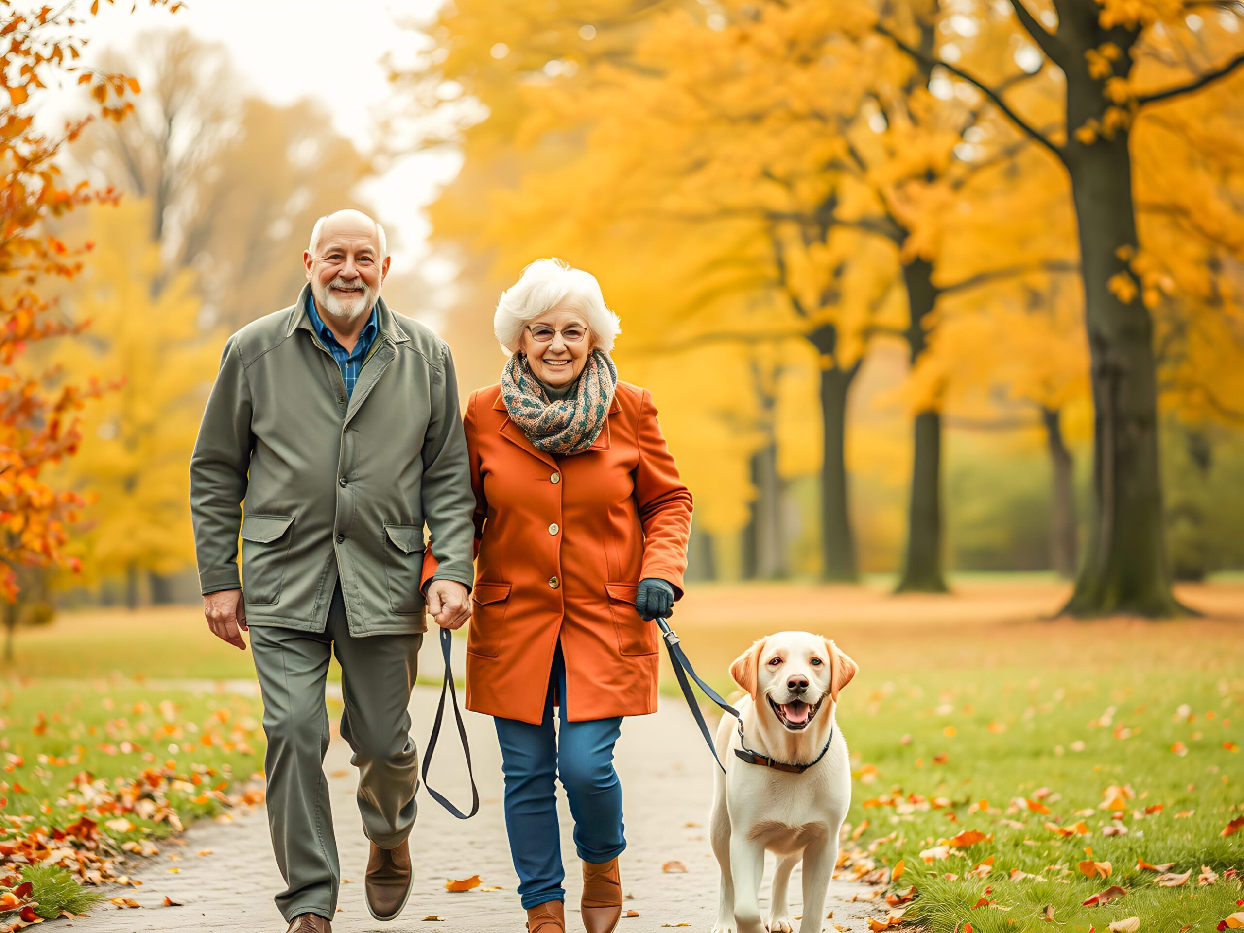 Elderly couple walking their dog on a path in a park with autumn trees and leaves.